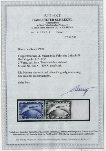 DR / Weimar, 1930, Mi.- Nrn.: 438- 39X, Die Süd- Amerikafahrt, **, FA Schlegel BPP; e+e! Luxussatz! Sehr selten!