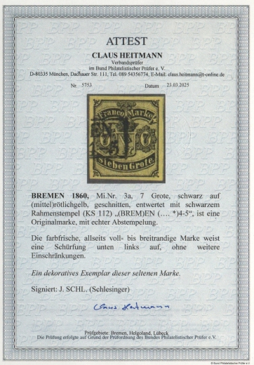 Bremen, 1860, Mi.- Nr.: 3a, gestempelt, akt. FA Heitmann BPP; echt + ...! Qualitätsstück, fast Luxus! Sehr selten! Dekorativ!