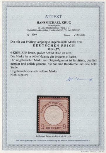 Dt. Kaiserreich, Brustschilder, 1872, Mi.- Nr.: 27 c, *! Fotoattest Krug BPP: e+...! Kabinettstück! Sehr selten!