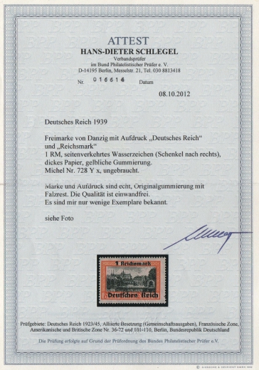 III. Reich, 1939, Mi.- Nrn.: 728 Y x, *, FA Schlegel BPP; e+e! Sehr selten! Veritable Rarität des III. Reiches!