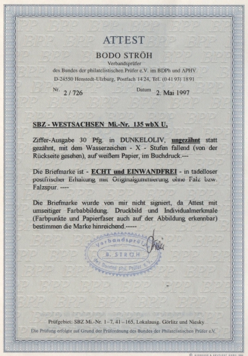 SBZ, West- Sachsen, 1945, Mi.- Nr.: 135 wbX U, **, FA Ströh BPP; e+e! Luxusstück! Selten!