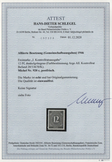 Kontrollrat, 1946, Mi.- Nr.: 920 c (!), **, akt. Befund Bernhöft + Fotoattest Schlegel BPP! Luxusstück, sehr selten!