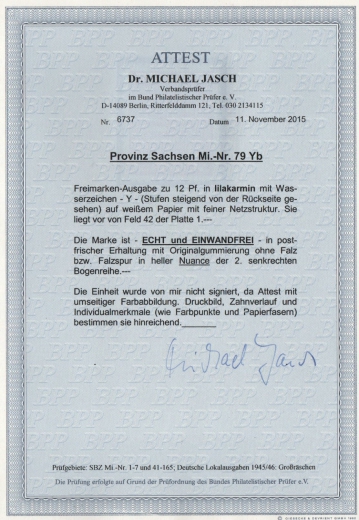 SBZ, Provinz Sachsen, 1945, Mi.- Nr.: 79 Y b, **, Fotoattest Dr. Jasch BPP: echt und einwandfrei! Luxusstück!