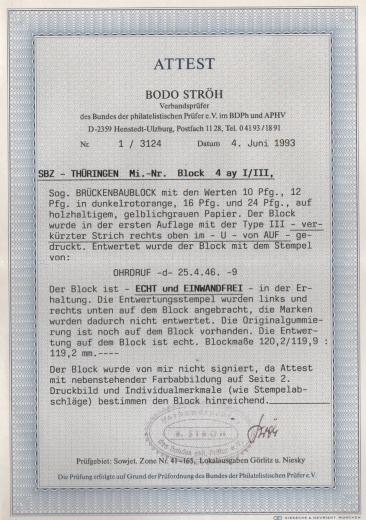 Thüringen, 1946, Bl. 4 ya, gestempelt, mit  Fotoattest Ströh BPP: e + e!, Qualitätsstück, sehr selten!