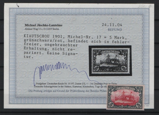 Dt. Kolonien, Kiautschou, 1901, Mi.- Nr.: 17, *! Befund Jäschke- L. BPP; e+e! Selten!