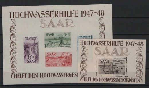 Saarland, 1948, Mi.- Nrn.: Bl. 1 + 2, **! Das Hochwasser- Blockpaar, je tief(st)geprüft BPP! Qualitätssatz!