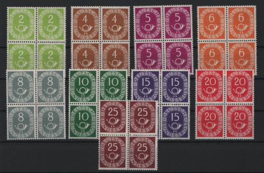 BRD, 1951, Mi.- Nrn.: 123- 132, (je im 4-er Block!), **! Akt. FA / Bef. Schlegel BPP; echt + einwandfrei! Luxus- Kurzsatz!