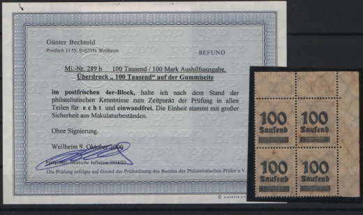 DR, Infla, 1923, Mi.- Nr.: 289 b, im ER- 4er- Block mit Druck auf der Gummiseite! (!!!), **, Bef. Bechtold BPP! Sehr selten!