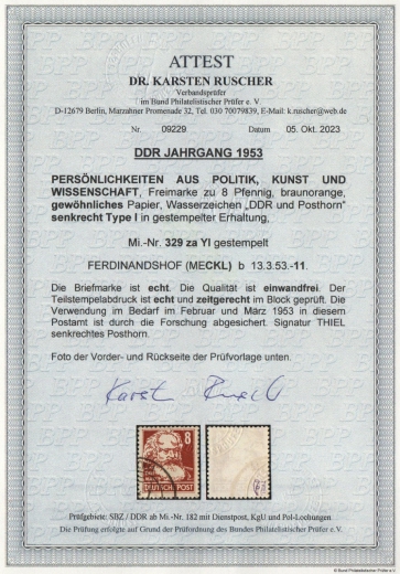 DDR, 1953, Mi.- Nr.: 329 za YI, gestempelt, aktuelles Fotoattest Dr. Ruscher BPP: echt und einwandfrei! Luxusstück! RR!