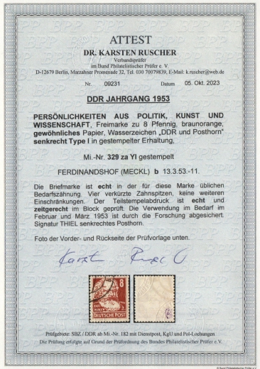 DDR, 1953, Mi.- Nr.: 329 za YI, gestempelt, aktuelles Fotoattest Dr. Ruscher BPP: echt + ...! Gutes Bedarfsstück! RR!