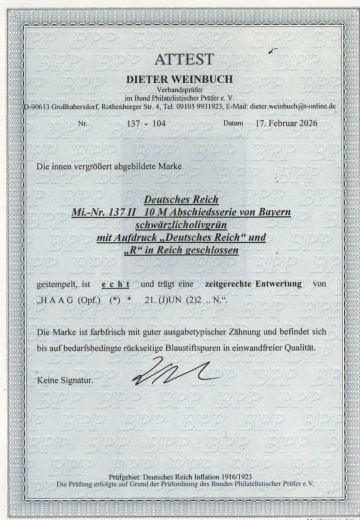 DR, Infla, 1920 / 21, Mi.- Nr.: 137 Type II, gestempelt! Akt. FA Weinbuch BPP: e+ ...., e! Gutes Bedarfsstück! Sehr selten!