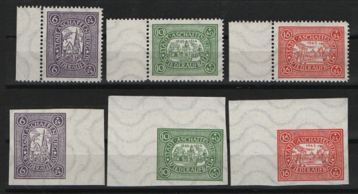 Lokalausgaben West, Aschaffenburg (Privatausgaben?), 1946, Mi.- Nrn.: 1 Ay, 2- 3 Ax + 1 By, 2- 3 Bx, je mit Sr. / Er., **, selten!