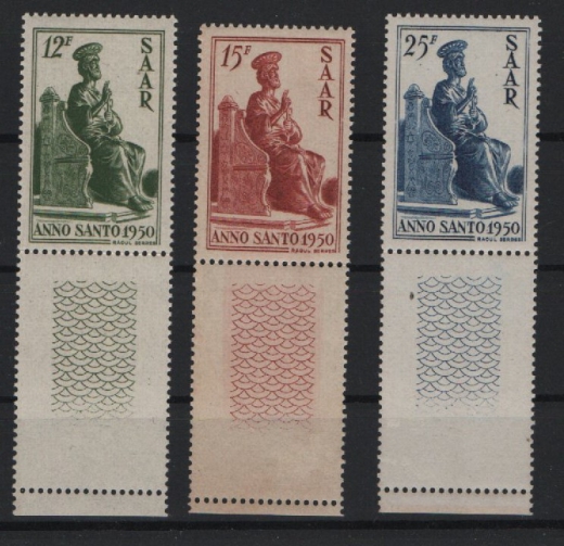 Saarland, 1950, Mi.- Nr.: 293- 295, je mit unten anhängendem Leerfeld, **! Selten!