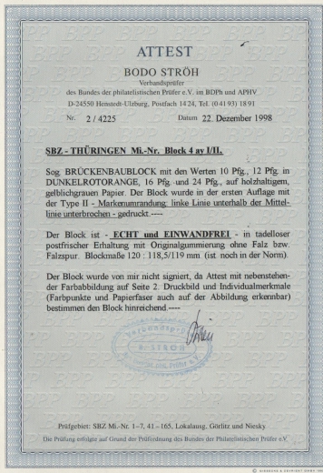 Thüringen, 1946, Bl. 4 a y, **, mit Fa Ströh BPP: echt + einwandfrei, Luxusstück!