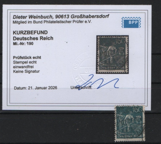 DR, Infla, 1922, Mi.- Nr.: 190, gestempelt. Akt. K.- Befund Weinbuch BPP; e + e! Selten!