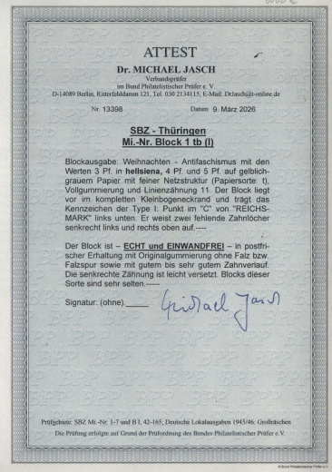 SBZ, Thüringen, 1945, Bl. 1 t b vom Er, **, mit akt. Fotoattest Dr. Jasch BPP:  e + e! Luxusstück! Sehr selten! RRR!