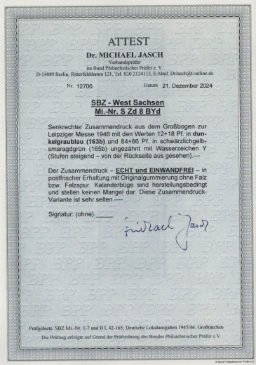 SBZ, West- Sachsen, 1946, Mi.- Nr.: S Zd 8 BYd, **, akt. FA Dr. Jasch BPP: e + e! Luxusstück! RR! Rarität der SBZ!