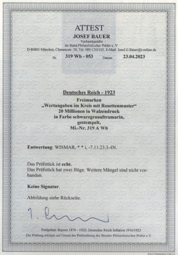 DR, Infla, 1923, Mi.- Nr.: 319 Wb, gestempelt, akt. FA Bauer BPP; e + ...! Kabinett- / Bedarfsstück! Sehr selten!