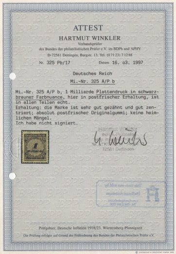 DR, Infla, 1923, Mi.- Nr.: 325 A Pb, HAN! Fotoattest Winkler BPP: echt und einwandfrei! Luxusstück! Sehr selten! RR!