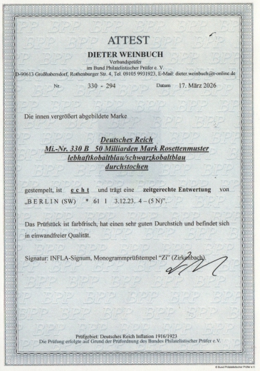 DR, Infla, 1923, Mi.- Nr.: 330 BP, gestempelt, Luxusstück, akt. Attest Weinbuch BPP: echt und einwandfrei! Sehr selten!