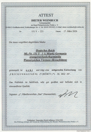 DR, Infla, 1920, Mi.- Nr.: 151 Y, gestempelt, akt FA Wiegand BPP: e + e! Luxusstück! Sehr selten!