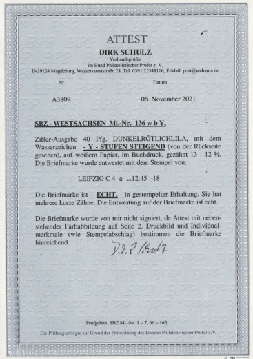 SBZ, West- Sachsen, 1945, Mi.- Nr.: 136 w b Y , gestempelt, FA Schulz BPP; e+ ...! Gutes Bedarfsstück! Sehr selten!