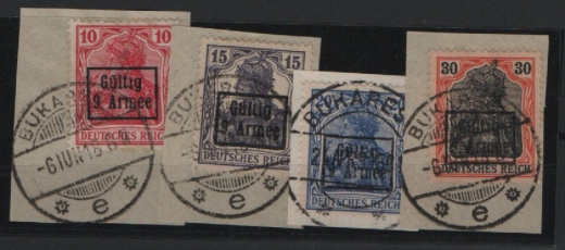 Dt. Bes. I. WK., 1918, M.V.i.R. / 9. Armee, Mi.- Nr.: 1-4, je auf auf kl. Briefstück! Selten!