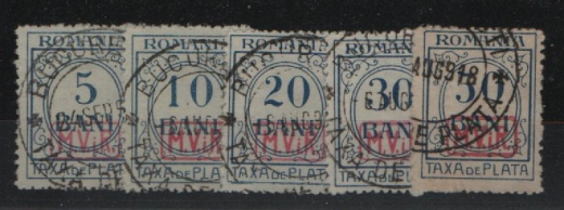 Dt. Bes. I. WK., 1918, M.V.i.R., Portomarken, Mi.- Nrn.: P 1- 5, gestempelt! Selten!