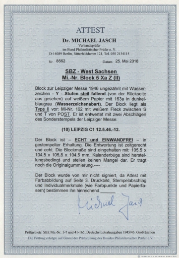 SBZ, West- Sachsen, 1946, Mi.- Nr.: Bl. 5 Xa Z, gestempelt, Fotoattest Dr. Jasch BPP: echt und einwandfrei! Luxusstück! RR!