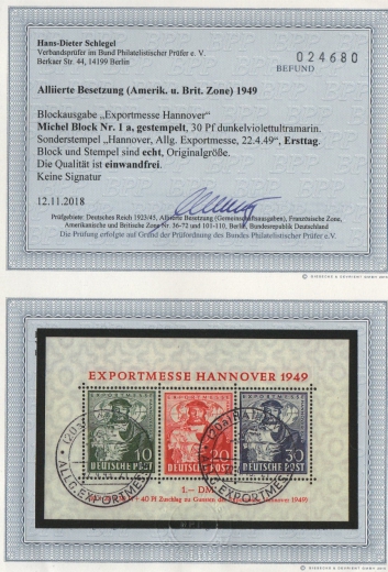 Bizone, 1949, Mi.- Nr.: Bl. 1 a, gestempelt, mit ESST!, Befund Schlegel BPP; e+e! Luxusstück! Selten!