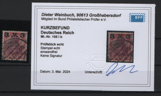 DR, Infla, 1921, Mi.- Nr.: 155 I b, gestempeltes Luxusstück, akt. K.- Befund Weinbuch BPP: echt und einwandfrei!