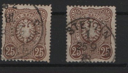 DR, Pfennige, 1875, Mi.- Nr.: 35 b (2x, in 2 versch. Farbvarianten), gestempelt, geprüft Wiegand / Petry BPP! Bedarfsstücke!