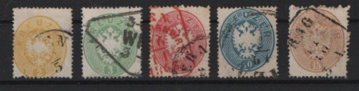 K. & K. Österreich, 1863, Mi.- Nrn.: 30- 34, eng gezähnt (14), gestempelt, in guter Bedarfsqualität! Selten!