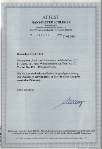 III. Reich, 1933, Mi.- Nr.: 482- 495, **, Fotoattest Schlegel BPP; e+e! Qualitätssatz! Selten!