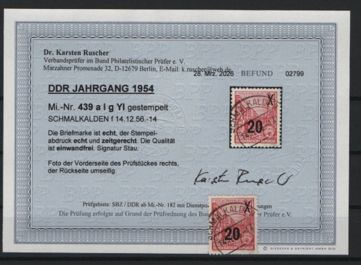 DDR, 1954, Mi.- Nr.: 439 a I g YI, gestempelt, aktueller Befund Dr. Ruscher BPP: e + e! Luxusstück! Sehr selten!