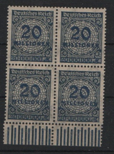 DR, Infla, 1923, Mi.- Nr.: 319 Wb (4x, vom Ur), **, 4-er- Block vom UR, jede Marke tiefstgeprüft Dr. Oechsner BPP!