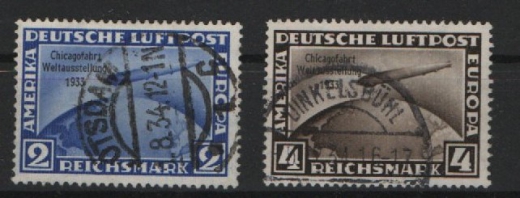 III. Reich, 1933, Mi.- Nr.: 497- 98, 2 + 4 RM-  Chikagofahrt, gestempelt, je tief(st)gepüft Schlegel BPP! Sehr selten!