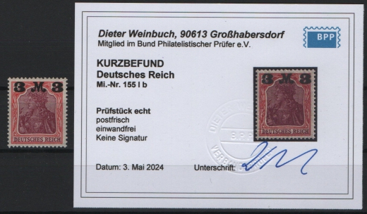 DR, Infla, 1921, Mi.- Nr.: 155 I b, **, Luxusstück, akt. K.- Befund Weinbuch BPP: echt und einwandfrei! Selten!