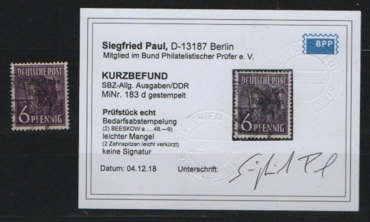 SBZ, Allgemeine Ausgaben, 1948, Mi.- Nr.: 183 d , gestempelt, Befund Paul BPP, echt + ...! Gutes Bedarfsstück! Selten!