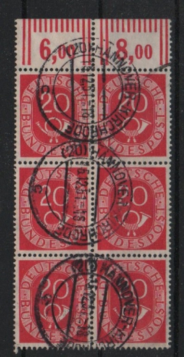 BRD, 1951, Mi.- Nr.: 130 im Or- 6er- Block, gestempelt! K.- Befund Schlegel BPP: e+e! Luxusstück, selten!