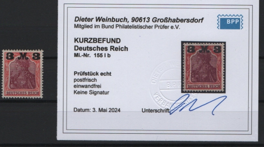 DR, Infla, 1921, Mi.- Nr.: 155 I b, **, Luxusstück, akt. K.- Befund Weinbuch BPP: echt und einwandfrei! Selten!
