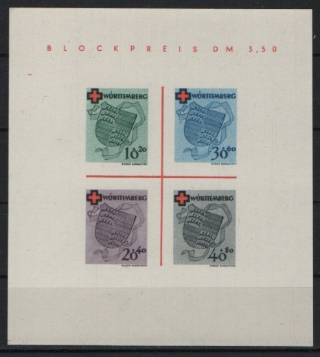 FRZ- Württemberg, 1949, Mi.- Nr.: Bl. 1, (*) wie ausgegeben, tiefstgeprüft Schlegel BPP! Luxusstück!