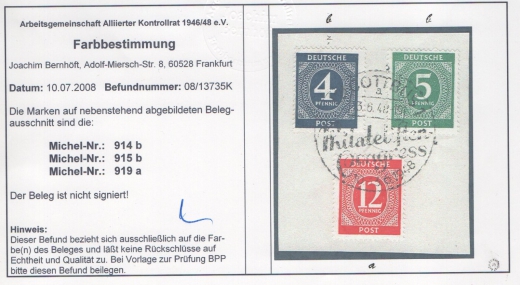 Allierte Besetzung / Kontrollrat, 1946, Mi.- Nr.: 914 b, u.a. auf Briefstück, Farbbefund Bernhöft ARGE! Luxusstück!