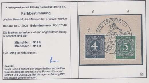 Allierte Besetzung / Kontrollrat, 1946, Mi.- Nr.: 914 b, u.a. auf Briefstück, Farbbefund Bernhöft ARGE! Luxusstück!