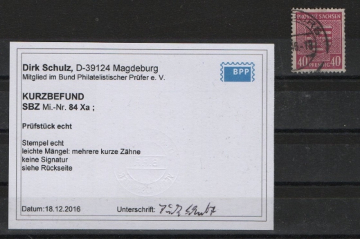 SBZ, Provinz- Sachsen, 1945, Mi.- Nr.: 84 X a, gestempelt, Kurz- Befund Schulz BPP: e + ..., Bedarfsstück!