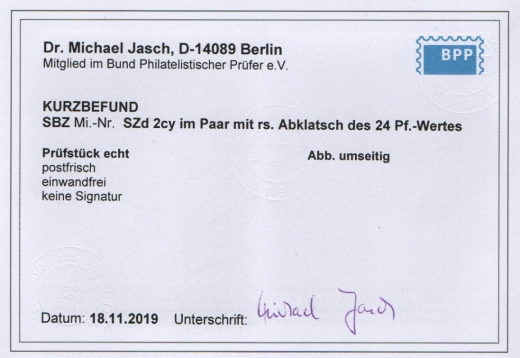 Thüringen, 1946, SZd Mi.- Nr.: 2 c y (2x), **, mit K.- Befund Dr. Jasch BPP: echt und einwandfrei! Luxusstück!