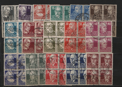 SBZ, Allgemeine Ausgaben, 1948, Mi.- Nrn.: 212- 227, je im 4- er Block, bedarfsgestempelt! Sehr seltener Bedarfssatz!