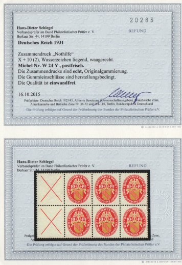 DR, Weimar, 1931, Zusammendruck, Mi.- Nr.: W 24.1 Y (2x + je 2 anhängende Marken), **, Befund Schlegel BPP; e + e! Qualitätsstück! Sehr selten!