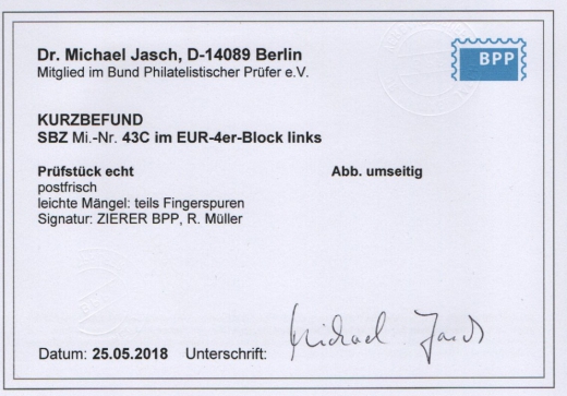 Ost- Sachsen, 1945, Mi.- Nr.: 43 C, im ER-4er- Block! **, K.- Befund Dr. Jasch BPP: echt + ....! Kabinettstück!