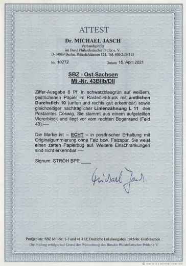 Ost- Sachsen, 1945, Mi.- Nr.: 43 BIIb / DII vom SR, **, akt. Fotoattest Dr. Jasch BPP: echt + ...! Kabinettstück!